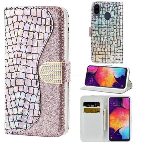 Glitter Diamond Buckle Laser Stitching Leather Wallet Phone Case for Samsung Galaxy A30 - Pink