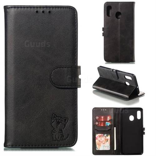 Embossing Happy Cat Leather Wallet Case for Samsung Galaxy A30 - Black