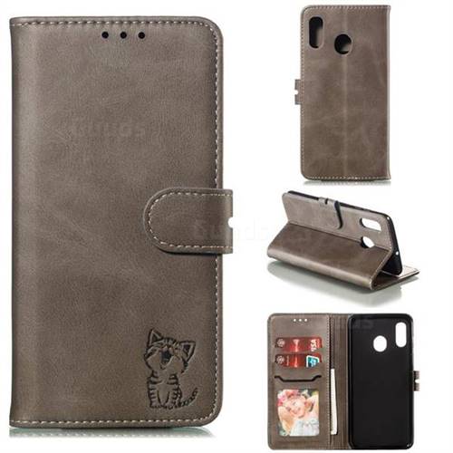Embossing Happy Cat Leather Wallet Case for Samsung Galaxy A30 - Gray