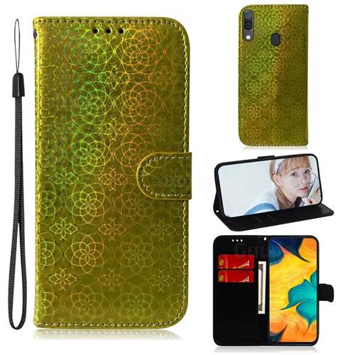 Laser Circle Shining Leather Wallet Phone Case for Samsung Galaxy A30 - Golden