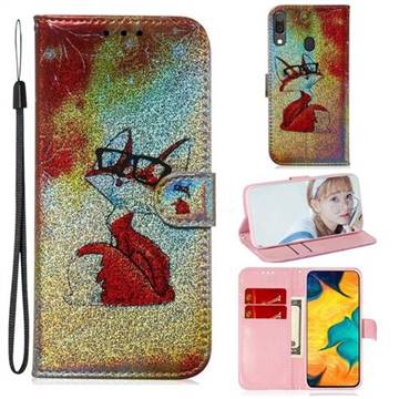 Glasses Fox Laser Shining Leather Wallet Phone Case for Samsung Galaxy A30
