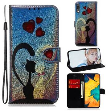 Love Cat Laser Shining Leather Wallet Phone Case for Samsung Galaxy A30