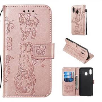 Embossing Tiger and Cat Leather Wallet Case for Samsung Galaxy A30 - Rose Gold