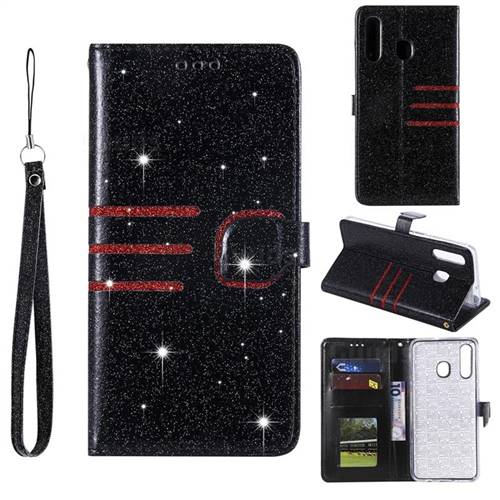 Retro Stitching Glitter Leather Wallet Phone Case for Samsung Galaxy A30 - Black