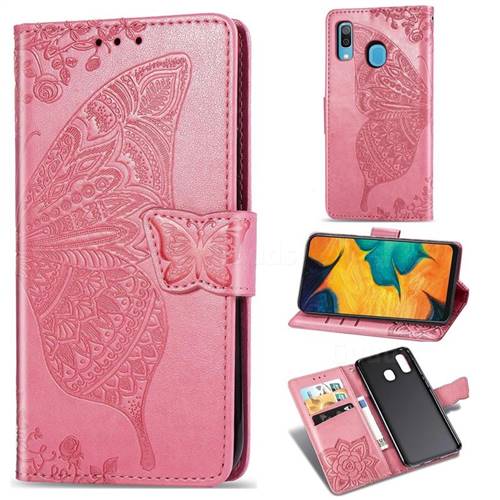 Embossing Mandala Flower Butterfly Leather Wallet Case for Samsung Galaxy A30 - Pink
