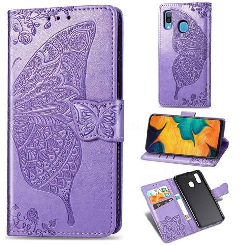 Embossing Mandala Flower Butterfly Leather Wallet Case for Samsung Galaxy A30 - Light Purple