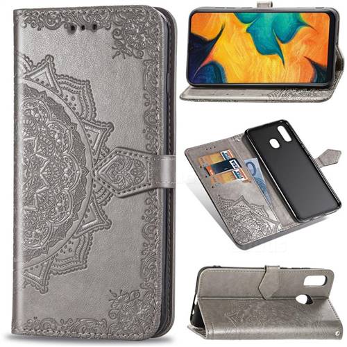 Embossing Imprint Mandala Flower Leather Wallet Case for Samsung Galaxy A30 - Gray
