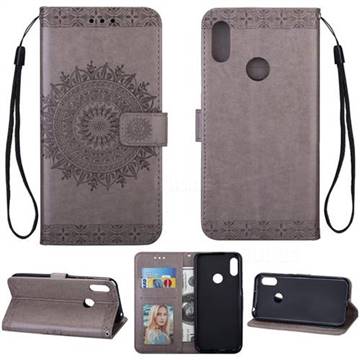 Intricate Embossing Totem Flower Leather Wallet Case for Samsung Galaxy A30 - Gray