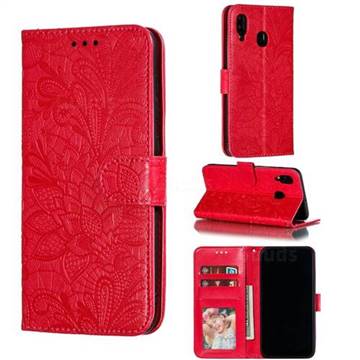 Intricate Embossing Lace Jasmine Flower Leather Wallet Case for Samsung Galaxy A30 - Red