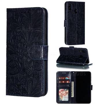 Intricate Embossing Lace Jasmine Flower Leather Wallet Case for Samsung Galaxy A30 - Dark Blue