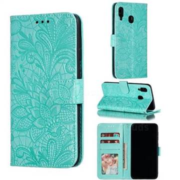 Intricate Embossing Lace Jasmine Flower Leather Wallet Case for Samsung Galaxy A30 - Green