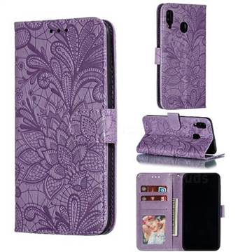 Intricate Embossing Lace Jasmine Flower Leather Wallet Case for Samsung Galaxy A30 - Purple