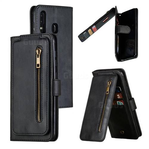 Multifunction 9 Cards Leather Zipper Wallet Phone Case for Samsung Galaxy A30 - Black