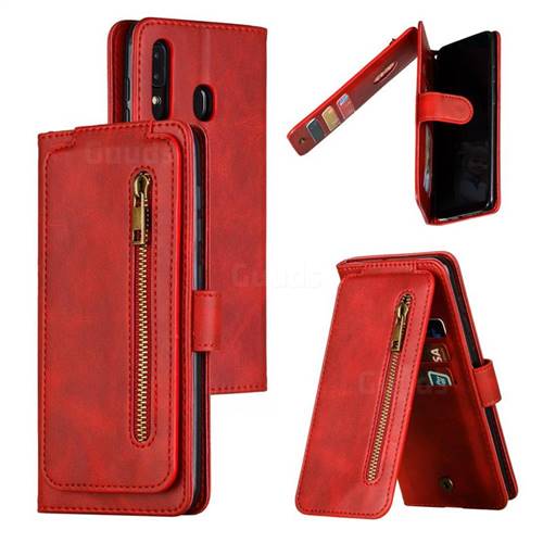 Multifunction 9 Cards Leather Zipper Wallet Phone Case for Samsung Galaxy A30 - Red