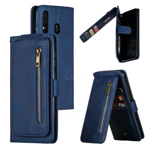 Multifunction 9 Cards Leather Zipper Wallet Phone Case for Samsung Galaxy A30 - Blue