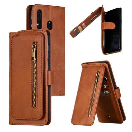 Multifunction 9 Cards Leather Zipper Wallet Phone Case for Samsung Galaxy A30 - Brown