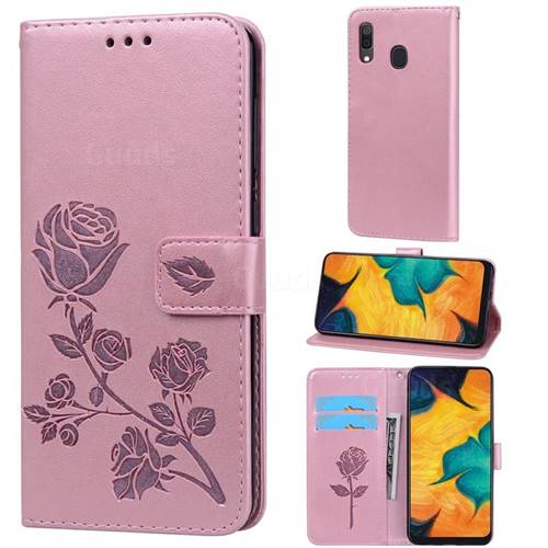 Embossing Rose Flower Leather Wallet Case for Samsung Galaxy A30 - Rose Gold