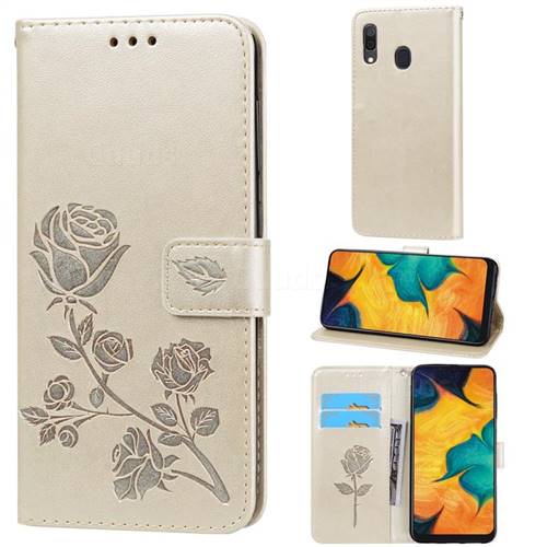 Embossing Rose Flower Leather Wallet Case for Samsung Galaxy A30 - Golden