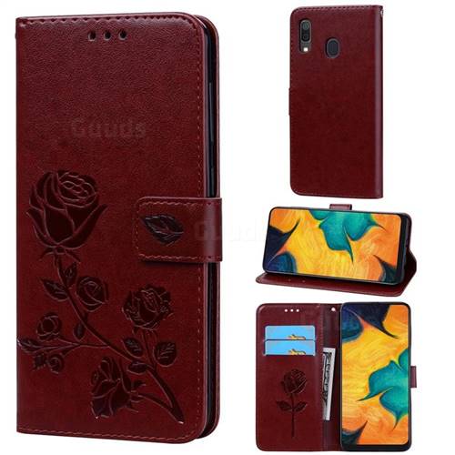 Embossing Rose Flower Leather Wallet Case for Samsung Galaxy A30 - Brown