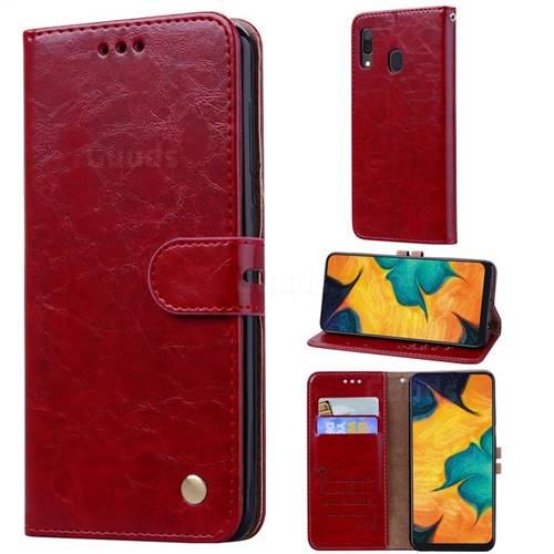 Luxury Retro Oil Wax PU Leather Wallet Phone Case for Samsung Galaxy A30 - Brown Red