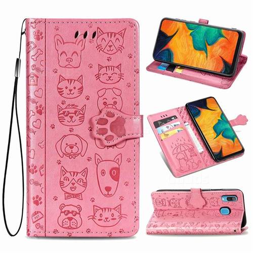 Embossing Dog Paw Kitten and Puppy Leather Wallet Case for Samsung Galaxy A30 - Pink
