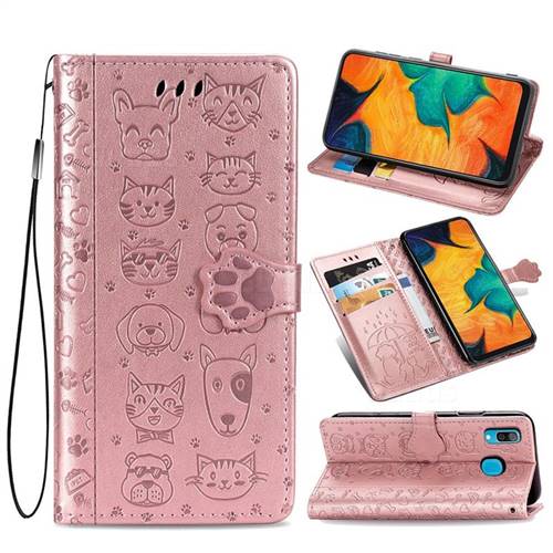 Embossing Dog Paw Kitten and Puppy Leather Wallet Case for Samsung Galaxy A30 - Rose Gold