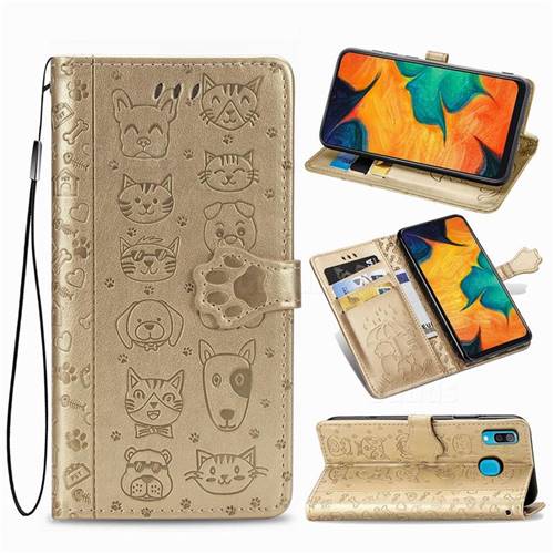 Embossing Dog Paw Kitten and Puppy Leather Wallet Case for Samsung Galaxy A30 - Champagne Gold