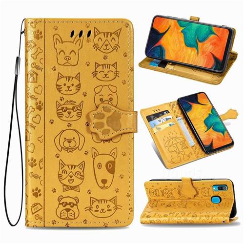 Embossing Dog Paw Kitten and Puppy Leather Wallet Case for Samsung Galaxy A30 - Yellow