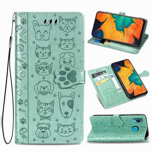 Embossing Dog Paw Kitten and Puppy Leather Wallet Case for Samsung Galaxy A30 - Green