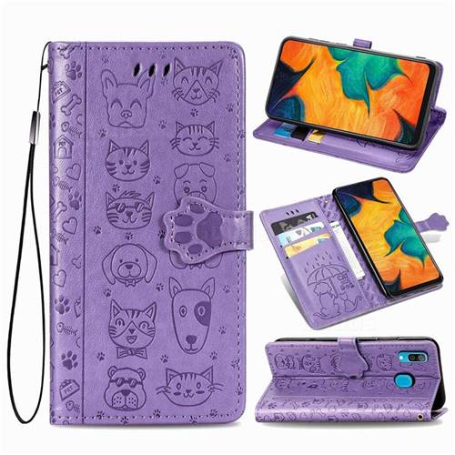 Embossing Dog Paw Kitten and Puppy Leather Wallet Case for Samsung Galaxy A30 - Purple