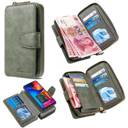 Binfen Color Retro Buckle Zipper Multifunction Leather Phone Wallet for Samsung Galaxy A30 - Celadon