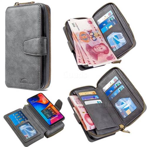 Binfen Color Retro Buckle Zipper Multifunction Leather Phone Wallet for Samsung Galaxy A30 - Gray