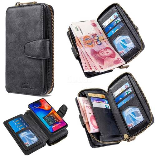 Binfen Color Retro Buckle Zipper Multifunction Leather Phone Wallet for Samsung Galaxy A30 - Black