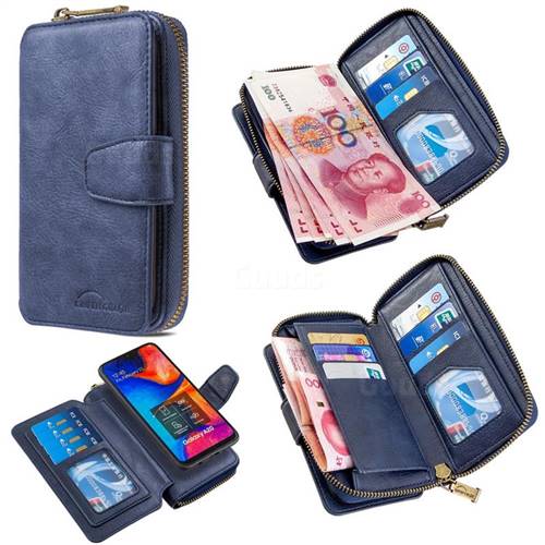 Binfen Color Retro Buckle Zipper Multifunction Leather Phone Wallet for Samsung Galaxy A30 - Blue