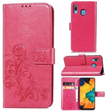 Embossing Imprint Four-Leaf Clover Leather Wallet Case for Samsung Galaxy A30 - Rose Red