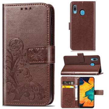 Embossing Imprint Four-Leaf Clover Leather Wallet Case for Samsung Galaxy A30 - Brown