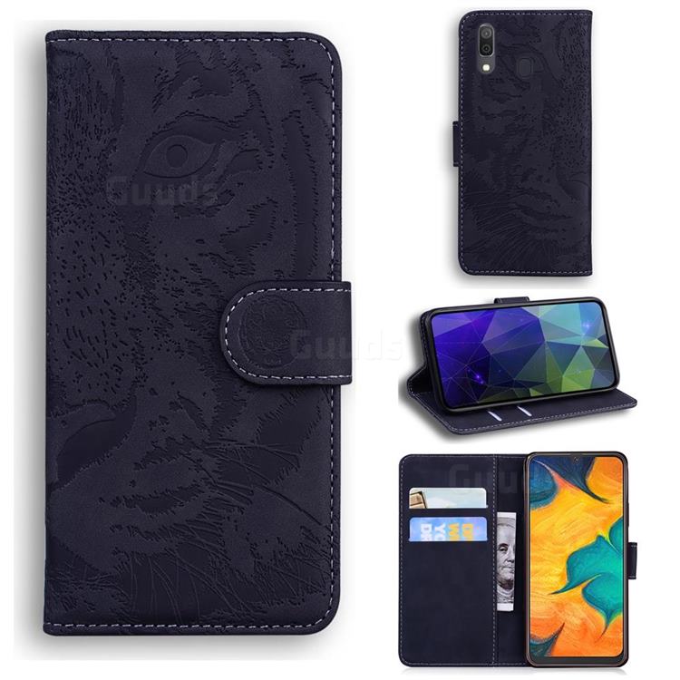 Intricate Embossing Tiger Face Leather Wallet Case for Samsung Galaxy A30 - Black