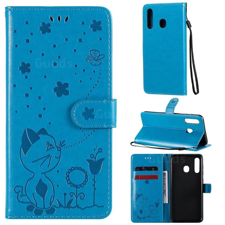 Embossing Bee and Cat Leather Wallet Case for Samsung Galaxy A30 - Blue