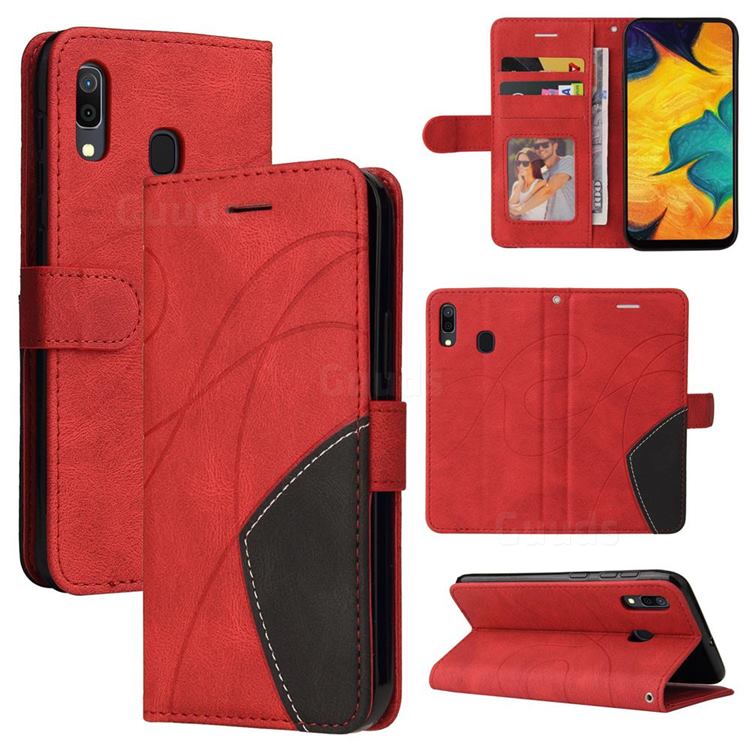 Luxury Two-color Stitching Leather Wallet Case Cover for Samsung Galaxy A30 - Red