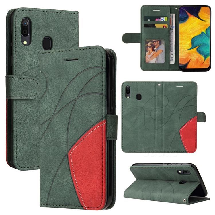 Luxury Two-color Stitching Leather Wallet Case Cover for Samsung Galaxy A30 - Green