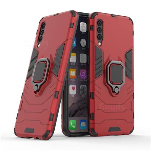 Black Panther Armor Metal Ring Grip Shockproof Dual Layer Rugged Hard Cover for Samsung Galaxy A30s - Red