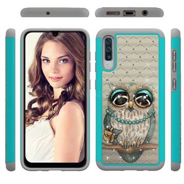 Sweet Gray Owl Studded Rhinestone Bling Diamond Shock Absorbing Hybrid Defender Rugged Phone Case Cover for Samsung Galaxy A30s