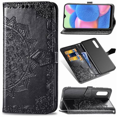 Embossing Imprint Mandala Flower Leather Wallet Case for Samsung Galaxy A30s - Black