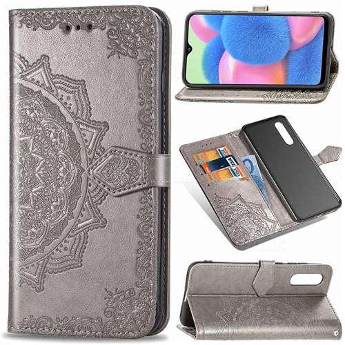 Embossing Imprint Mandala Flower Leather Wallet Case for Samsung Galaxy A30s - Gray