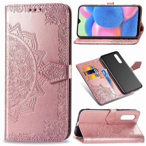 Embossing Imprint Mandala Flower Leather Wallet Case for Samsung Galaxy A30s - Rose Gold