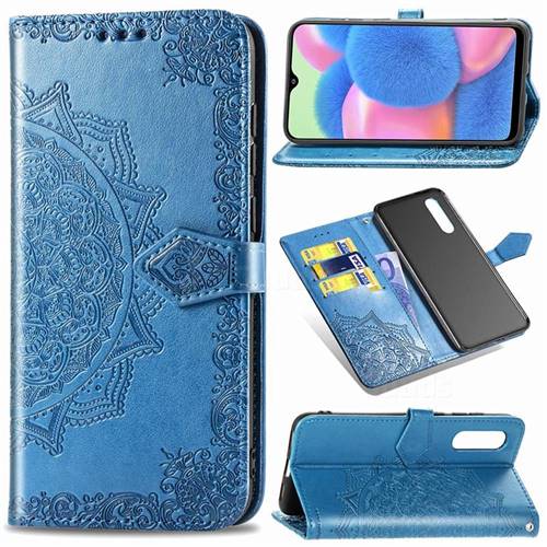 Embossing Imprint Mandala Flower Leather Wallet Case for Samsung Galaxy A30s - Blue