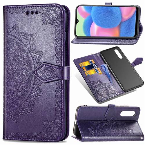 Embossing Imprint Mandala Flower Leather Wallet Case for Samsung Galaxy A30s - Purple
