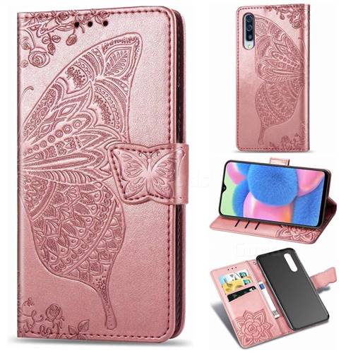 Embossing Mandala Flower Butterfly Leather Wallet Case for Samsung Galaxy A30s - Rose Gold