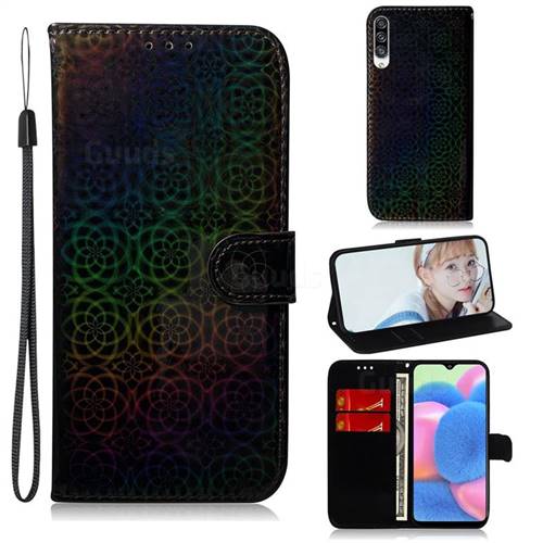 Laser Circle Shining Leather Wallet Phone Case for Samsung Galaxy A30s - Black