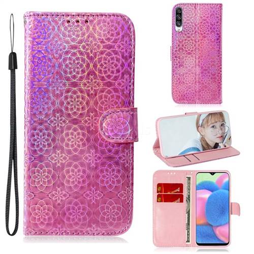 Laser Circle Shining Leather Wallet Phone Case for Samsung Galaxy A30s - Pink